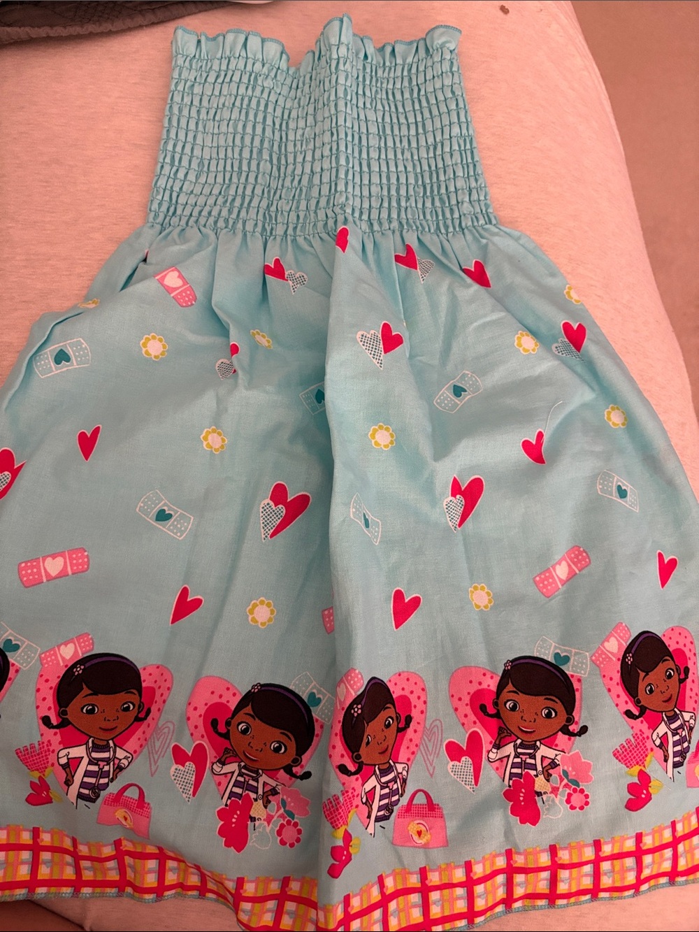 Girls' Light Blue Character Print Smocked dress with Pink Hearts